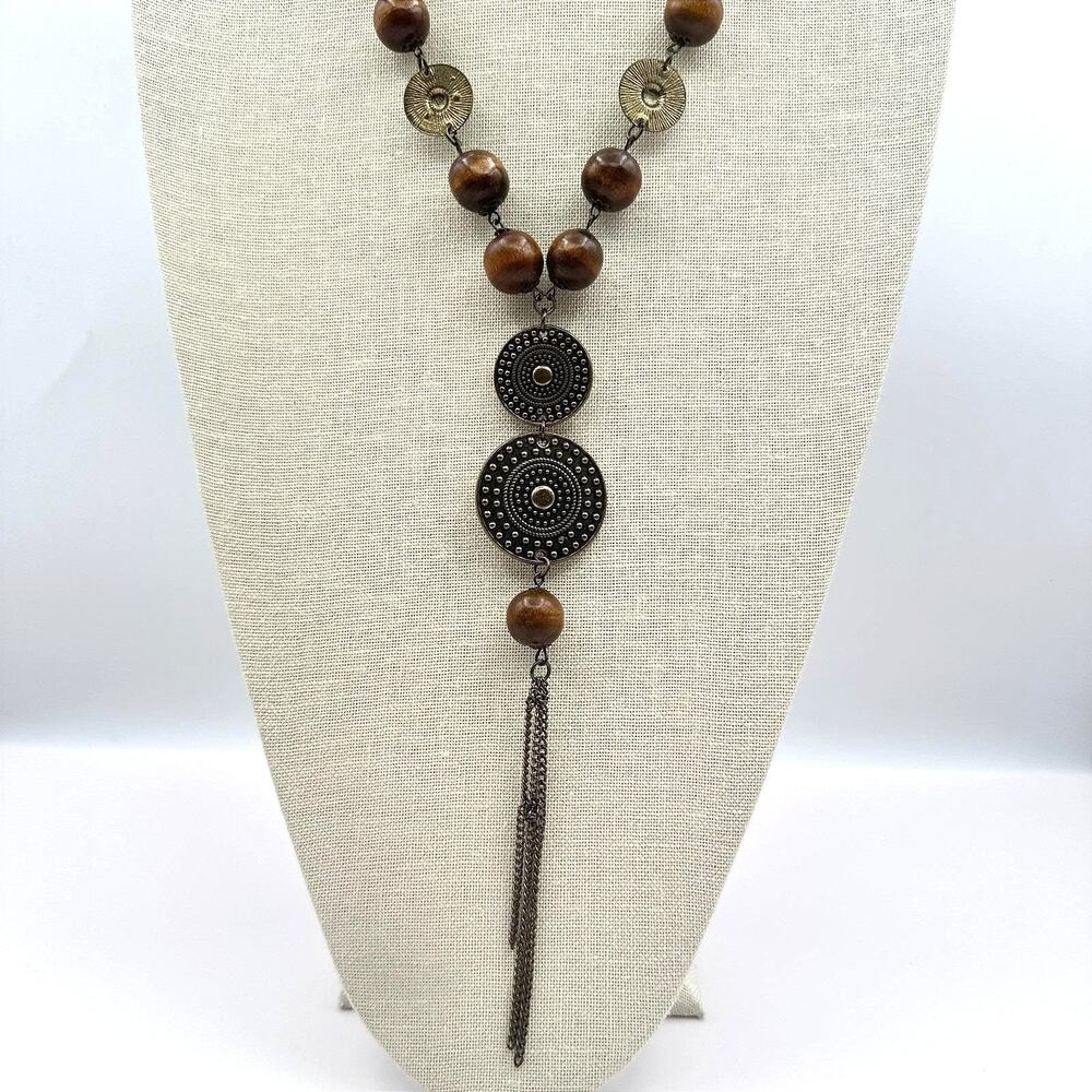 Vintage 80s Long Boohoo Wood Bead Metal Disc Tassel Necklace Statement Jewelry